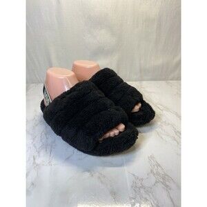 Women's Sz 7 M Ugg Fluff Yeah Black Genuine Shearling Slide Sandal